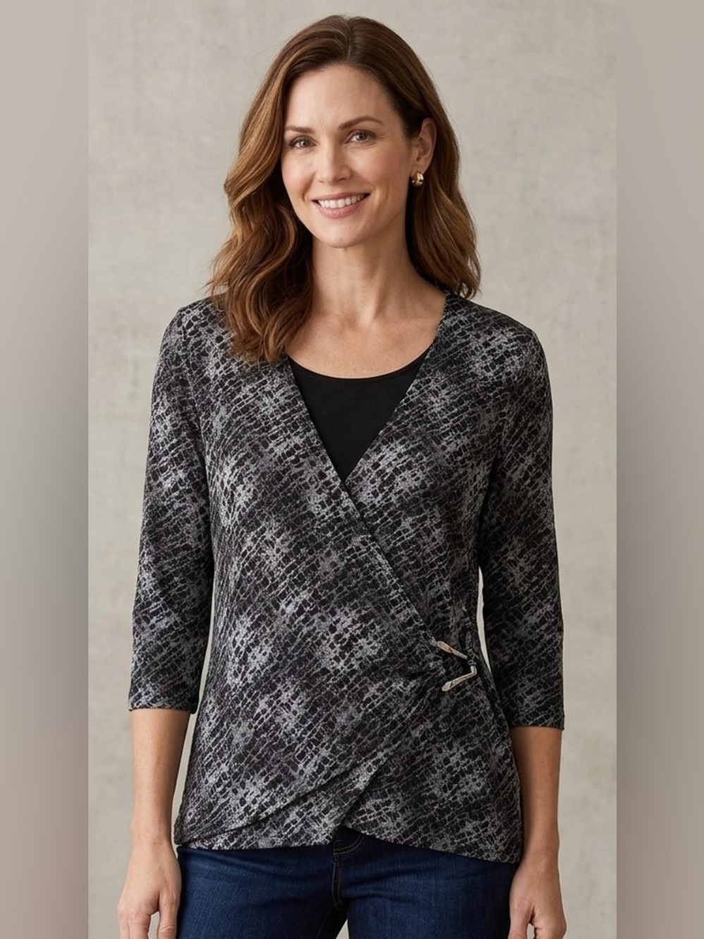 Christopher & Banks Faux Wrap Top Metallic Snakeskin Black Grey Blouse Medium